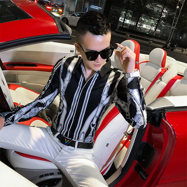 2021春秋衬衫社会男长袖上衣印花男装韩版修身四季潮流衬衣Q859-P55图片