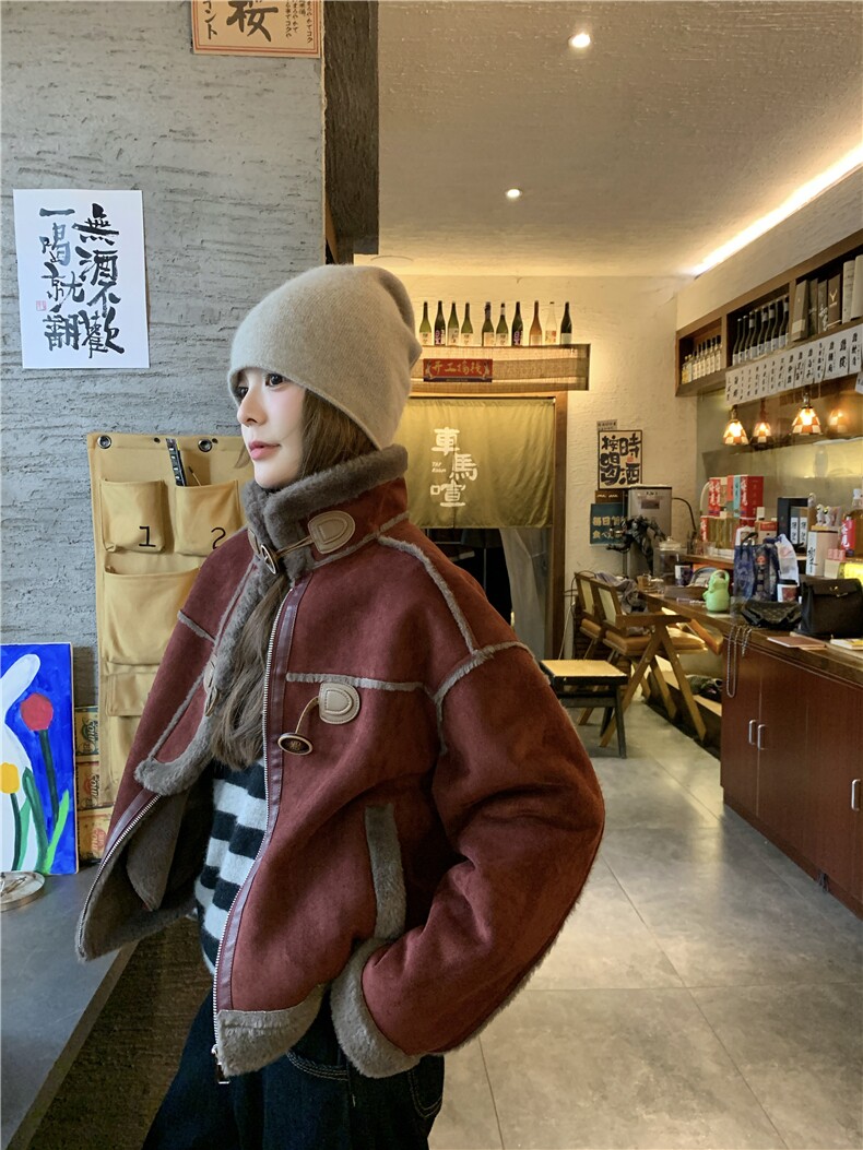 现货新款安哥拉红皮毛一体外套HW83P170K258,女装短外套,2D035
