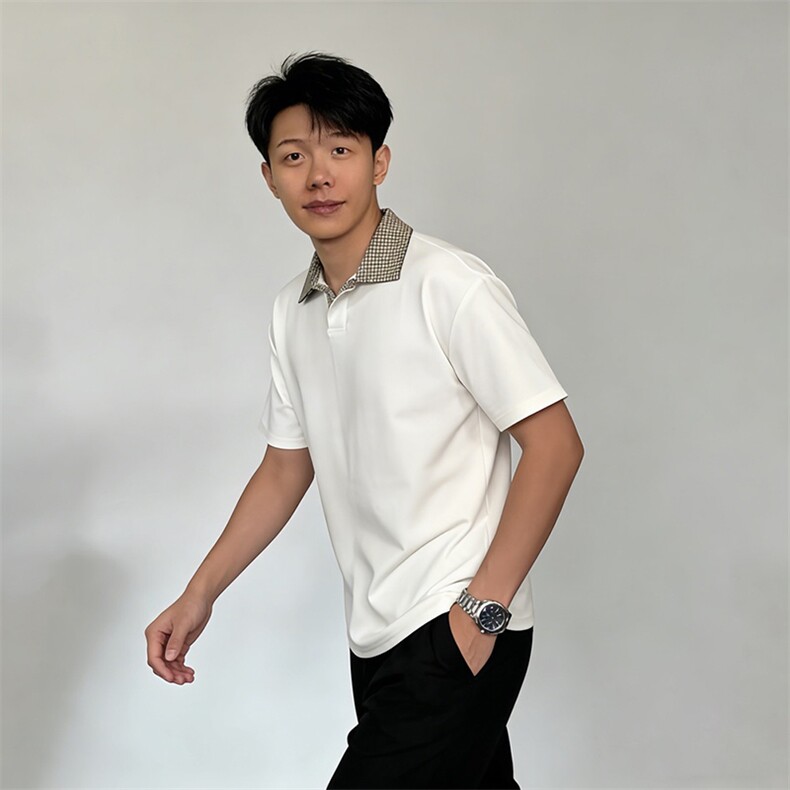 得物抖音高品质二开夏季美式潮牌假两件格子衬衫翻领高街短袖T恤,男装T恤,电商A486