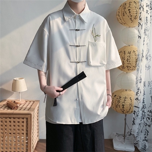 F238-P42 2024夏季新款新中式翠竹刺绣衬衣男宽松慵懒衬衫 现货图片