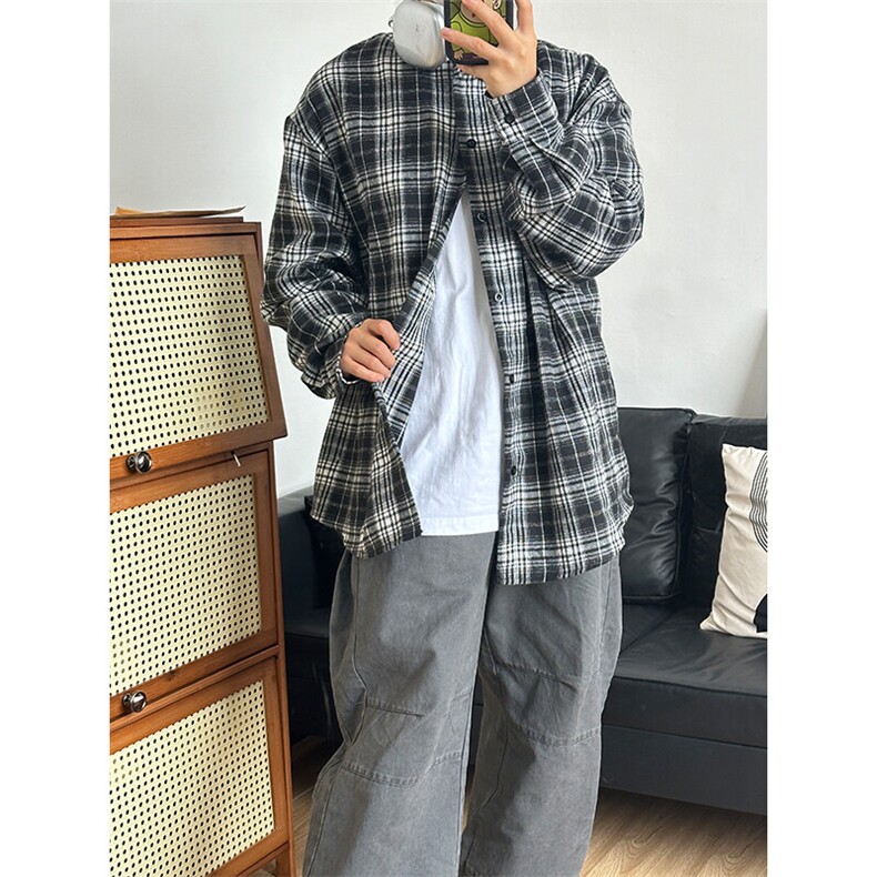 2025潮流格子衬衫男港风休闲长袖外套青少年男装CS275-P35,男装衬衫,星座301C-5