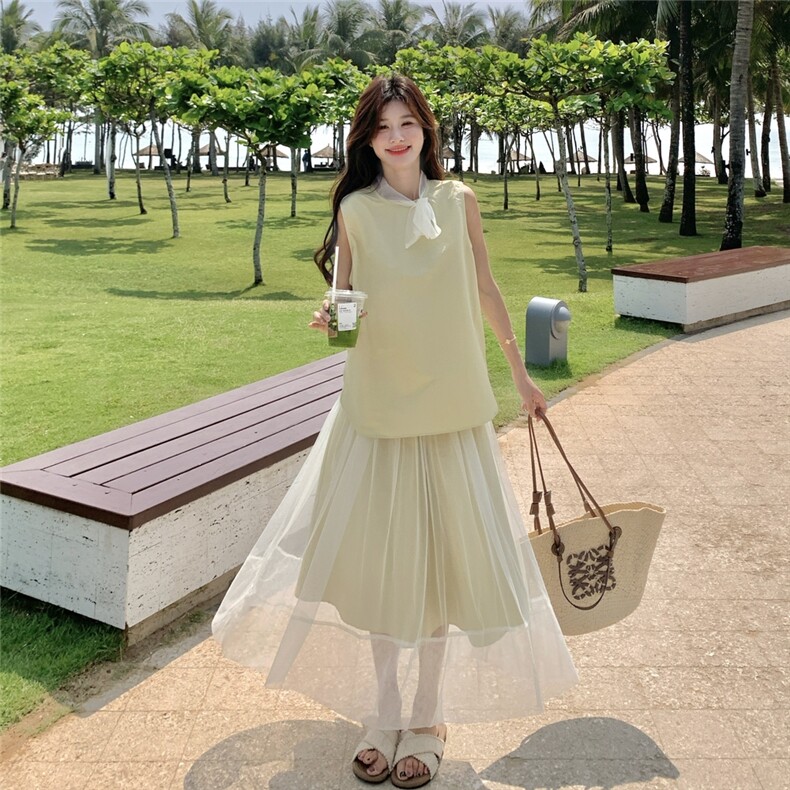 夏日小清新一整套穿搭女2025新款贵气感无袖上衣网纱半身裙两件套,女装套装/套裙,2C159