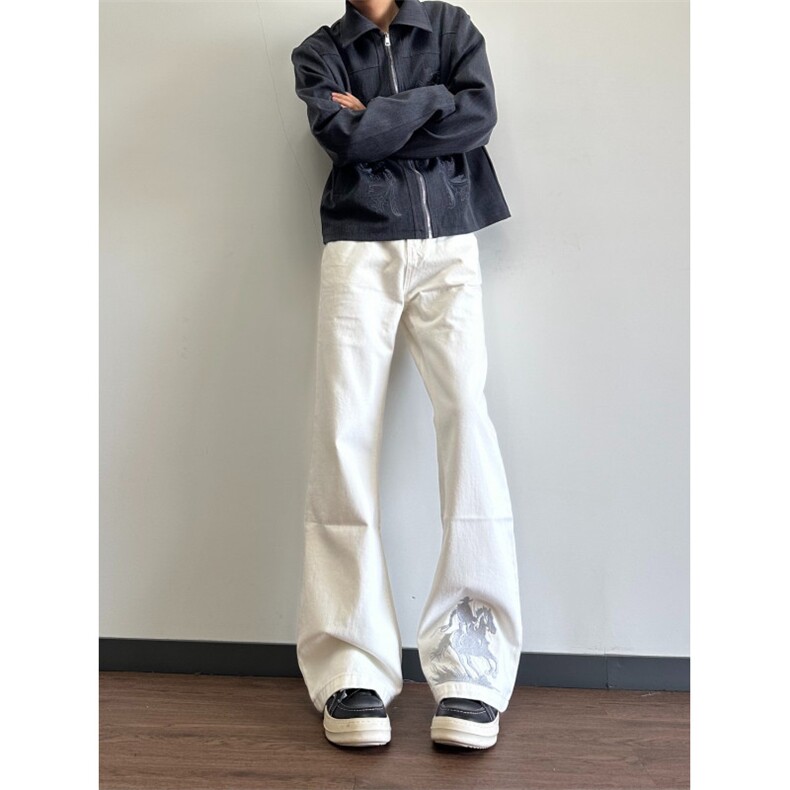 美式西部牛仔刺绣白色微喇牛仔裤2026新款男女高街直筒修身裤子,男装牛仔裤,星座506A