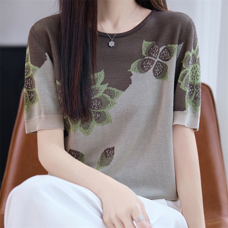 莱赛尔针织印花短袖T恤女2025夏薄透气宽松显瘦半袖打底上衣t恤衫,女装T恤,唐诺