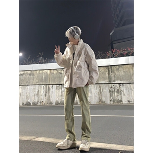 美式高街vibe拼接黄泥牛仔裤修身直筒裤XZ310A-4-NZ27控78,修身牛仔衬衫怎么搭配好看女生图片