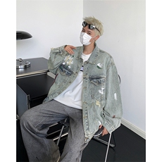 春秋季新款破洞牛仔外套美式潮牌做旧水洗宽松夹克上衣，男装夹克，星座410-7