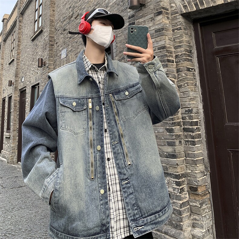 秋款男牛仔夹克衫渐变色工装双拉链休闲外套JK8928P75,男装夹克,星座1013-1