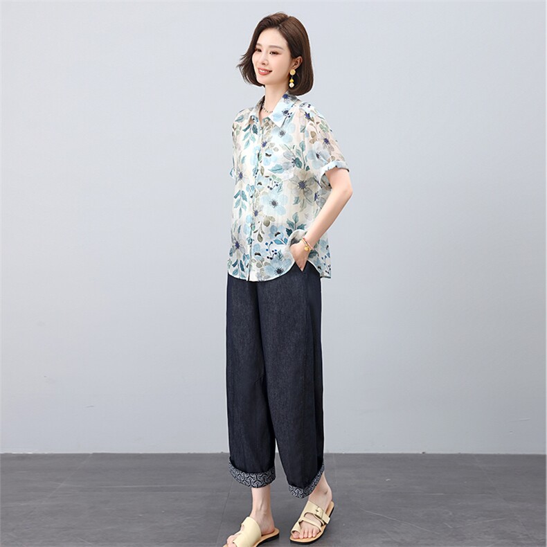 叶笙衣套装2552-132印花短袖复古花纹阔腿裤套装,女装套装/套裙,叶笙衣