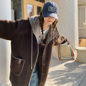 咖色连帽皮毛一体羊羔毛大衣女2024冬季新款韩版宽松加厚过膝棉服图片