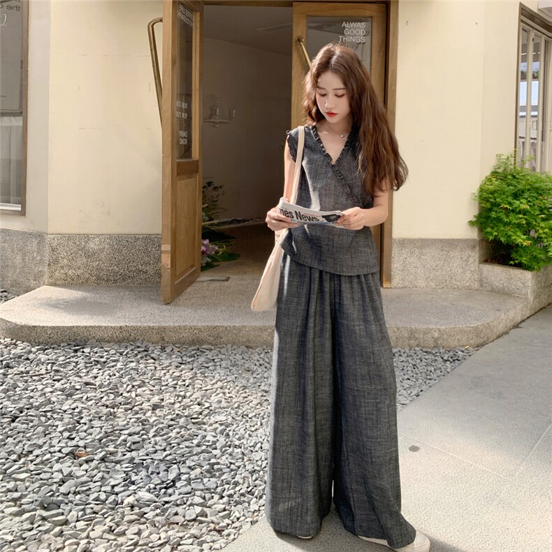 韩系高级感穿搭套装女夏2025新款设计感时尚小众马甲阔腿裤两件套,女装套装/套裙,2C305
