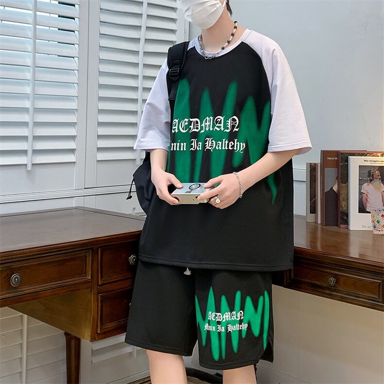 23夏季短袖t恤套装冰丝透气港风宽松运动青少年男装DF323P48,男装休闲套装,电商A086