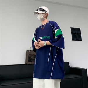 美式复古运动球服线条拼接短袖T恤男夏百搭休闲宽松球衣 T03图片