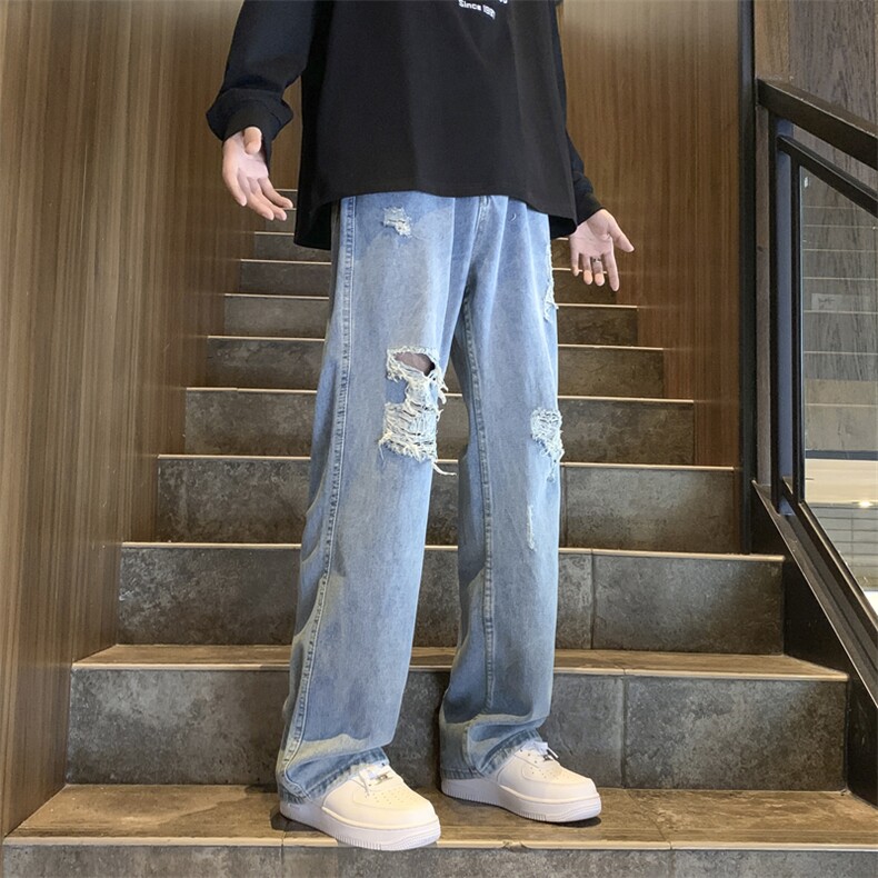 破洞牛仔裤男女春秋美式水洗做旧街头宽松直筒休闲长裤N00212-P43,男装牛仔裤,星座308B-1