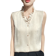 法式V领衬衫木耳边花边小香风无袖背心打底衫缎面小衫可外穿衬衣，女装T恤，圣丽羊绒