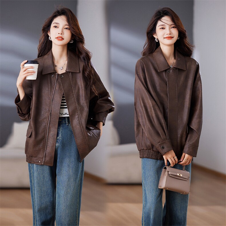 棕色皮衣外套女2024秋季新款小个子港风复古美式皮夹克美拉德机车，女装皮衣，江南女神