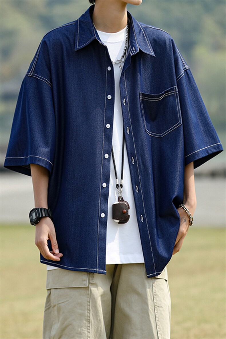 8XL-M冰丝牛仔短袖衬衫男款夏季薄款宽松慵懒衬衣外套DC28006P60,男装T恤,电商B312