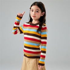 可机洗女童彩红条精纺羊毛针织衫宝宝修身打底毛衣羊绒不起球上衣，童装儿童羊毛衫，初丹羊绒童装