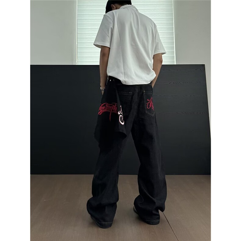 美式复古老钱风牛仔裤宽松阔腿弯刀裤cleanfit长裤阔腿拖地长裤子,男装牛仔裤,星座813-2