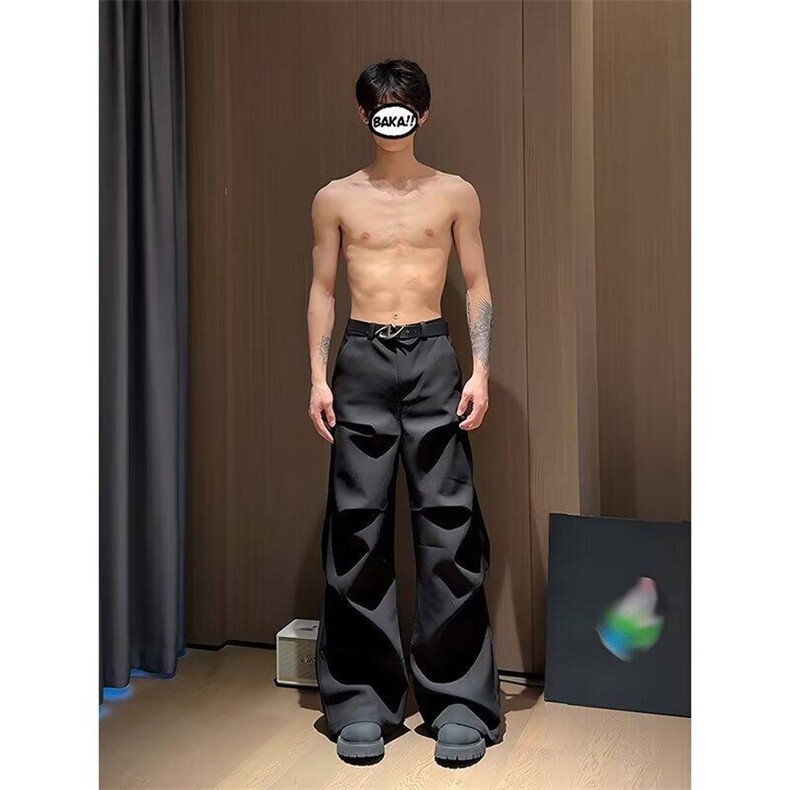 褶皱黑色工装裤男春秋cleanfit美式痞帅高级感裤子加绒阔腿西装裤,男装西裤,星座603-2