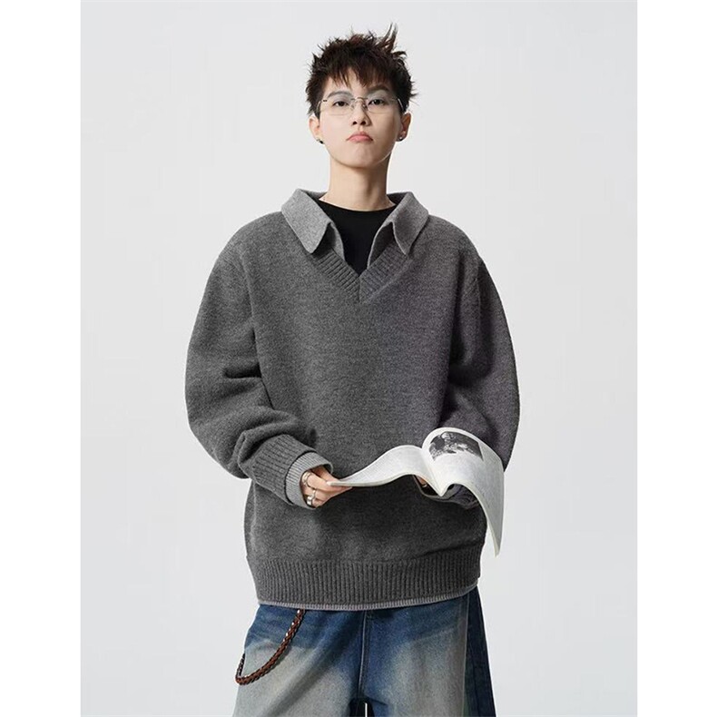 重磅北极绒假两件衬衫领毛衣美式高街复古休闲慵懒纯色翻领针织衫,男装针织衫/毛衣,电商A486
