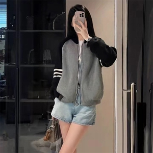 重磅秋冬北极绒开衫毛衣美式复古休闲慵懒风撞色立领针织衫外套图片