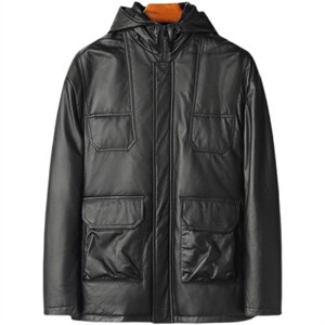 W20111海宁皮衣男头层牛皮白鸭绒羽绒服短款连帽皮夹克男P730图片