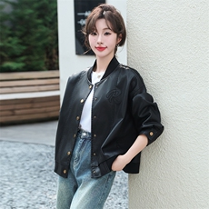 黑色皮衣夹克女2024春秋新款休闲港风复古高级感小个子棒球服外套，女装皮衣，跑量工厂店