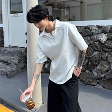 韩系设计感拼接V领假两件POLO衫轻奢风系带百搭条纹衬衫领短袖T恤，男装T恤，四季星座505