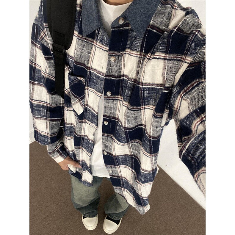 春秋季减龄翻领格子衬衫男拼接领女韩版休闲长袖上衣潮C53,男装衬衫,星座1116A（原606A-3）