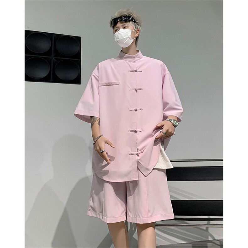 XZ2449-TP50不控价夏季冰丝中袖衬衫短裤男新中式大码休闲两件套,男装衬衫,电商A102-1