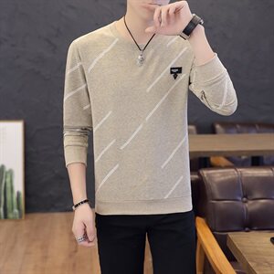 秋季长袖男彩棉斜条薄款卫衣男t恤男时尚印花圆领套头粉色9612P28图片