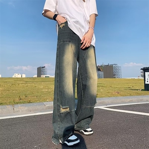 2023春秋牛仔裤男美式破洞撞色宽松复古高街嘻哈阔腿裤N0634-P45图片