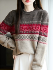 圆领加厚100%纯羊毛衫针织长袖毛衣女复古拼色上衣宽松打底羊绒衫，女装针织衫/毛衣，忠诺羊绒