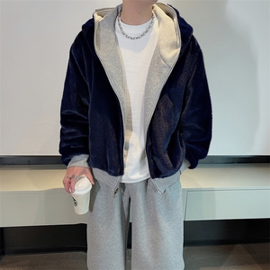 冬季休闲正反两穿毛绒连帽外套加绒弯刀阔腿长裤套装男TZ271-P225图片