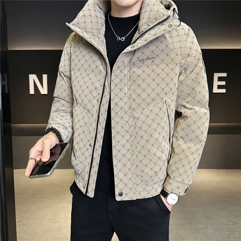 68828-M-4XL-P225-标50店主风男士休闲满印印花连帽皮质羽绒服,男装羽绒服,电商B255