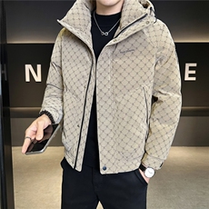 68828-M-4XL-P225-标50店主风男士休闲满印印花连帽皮质羽绒服，男装羽绒服，电商B255