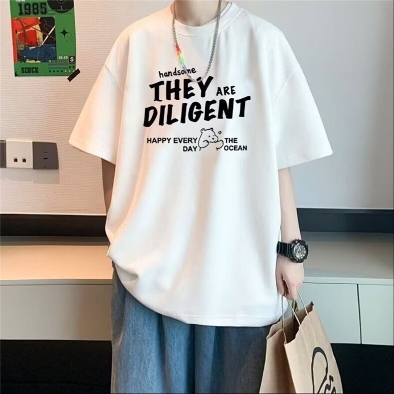 男港风潮牌半袖重磅纯棉夏季五分袖t恤青少年简约字母时尚短袖图片