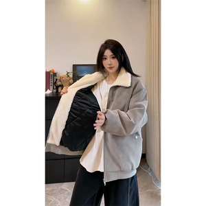 现货重磅硬挺boxy羽绒棉衣座山雕羊羔毛领洗水麂皮棉服冬外套图片