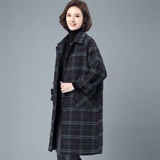 时尚翻领格纹毛呢外套显瘦百搭中长款大衣,女装毛呢外套,希欧阁