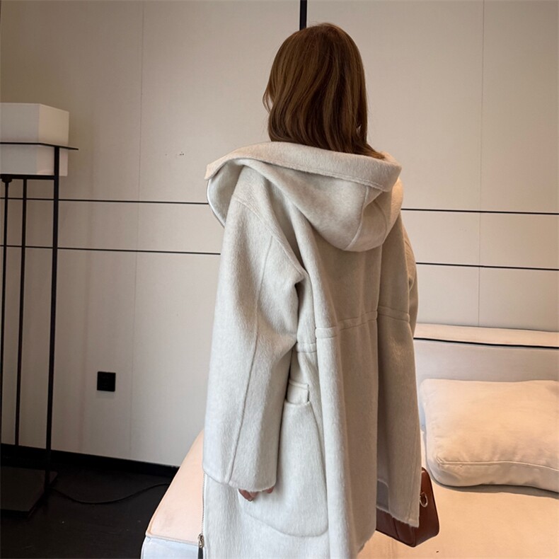慵懒厚连帽收腰羊毛宽松毛呢外套保暖2025秋冬女双面羊绒大衣灰色,女装双面呢大衣,蒙绒特