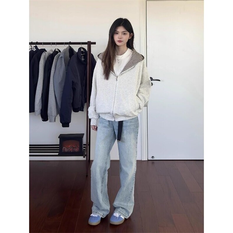 W9720-P78网图现货复古千鸟格双面穿格子拉链开衫卫衣clean外套,女装短外套,星座1608-2