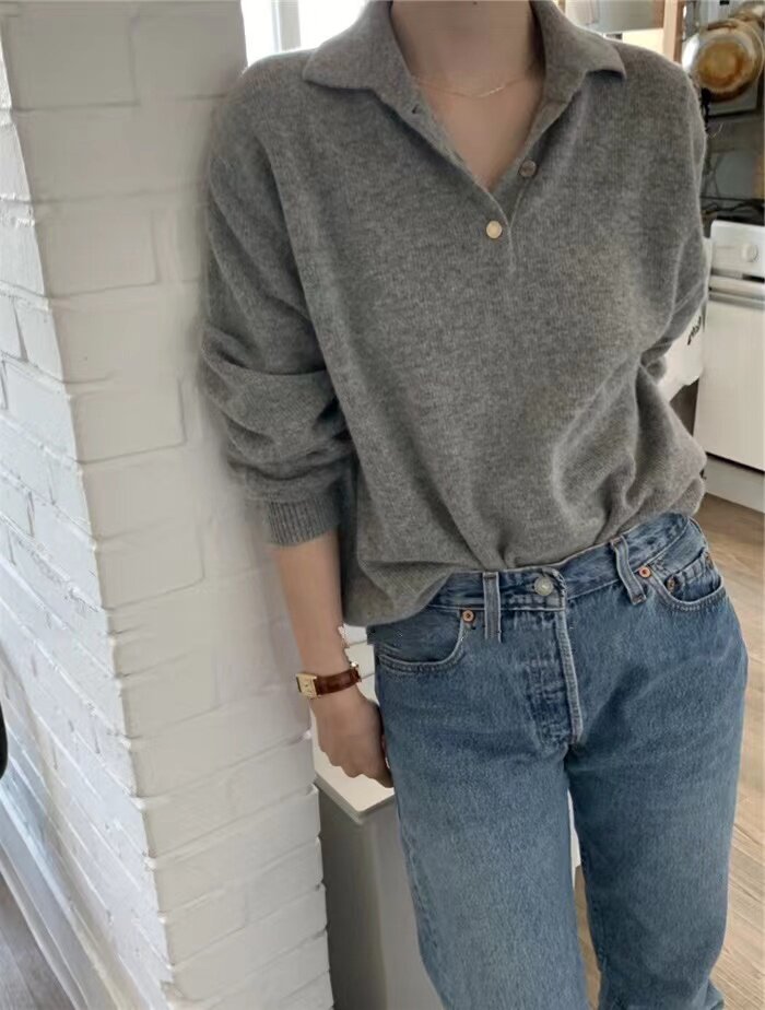 法式复古POLO领羊绒针织女秋冬宽松百搭灰色毛衣休闲羊毛打底衫,女装羊毛衫,恒恩羊绒
