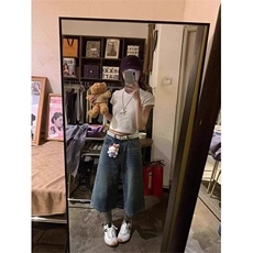 复古高街水洗牛仔裤子女夏季高腰直筒阔腿七分裤中裤-网图，男装牛仔裤，星座302B-2