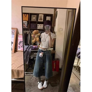 复古高街水洗牛仔裤子女夏季高腰直筒阔腿七分裤中裤-网图图片