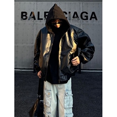 现货美式重磅bomber假两件拼接连帽加厚pu皮外套男女WLB10122-P95，男装皮衣，星座1008