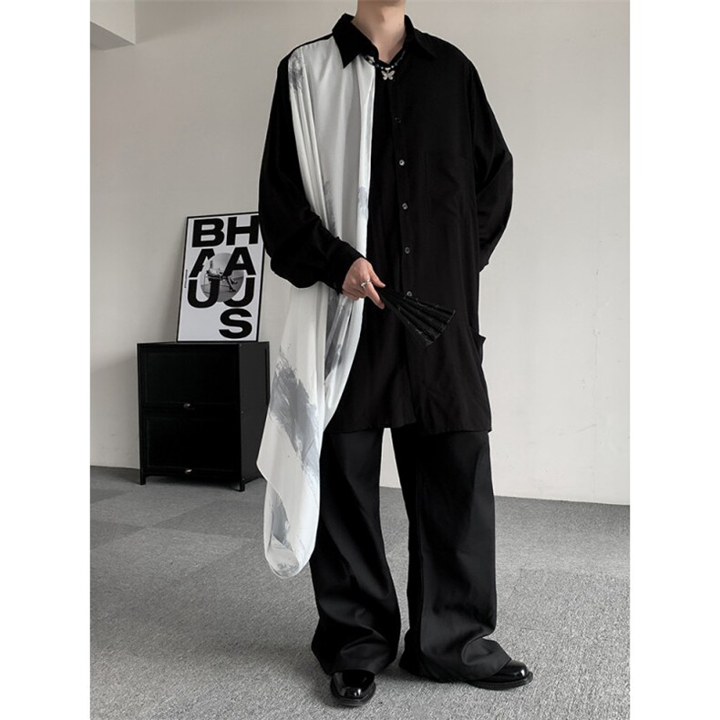 春秋山本耀司飘逸明星走秀民族风白丝绸丝巾衬衫男女长款长衫汉服，男装民族服装，星座909