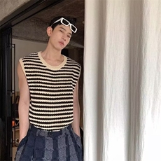 无品牌慵懒ins百搭时尚新款高街黑白条纹镂空坎肩马甲男女潮流，男装背心/马甲，星座506A