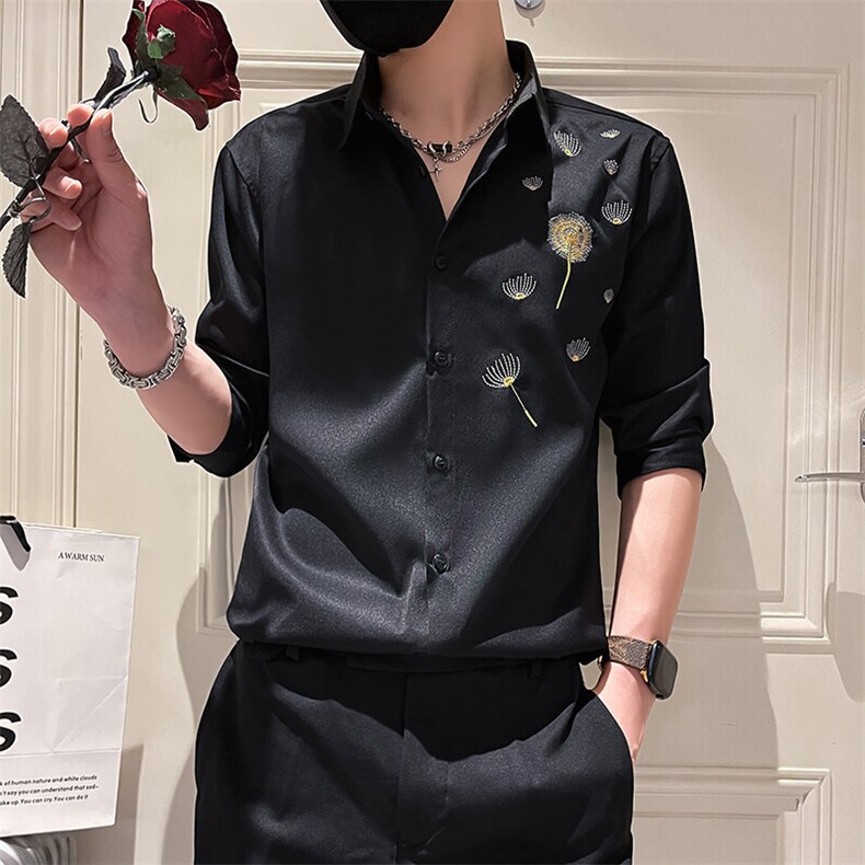 2025夏季男士新款绣花七分袖衬衫男韩版修身衬衣301A-1/CS411/P55,男装衬衫,星座301A-1