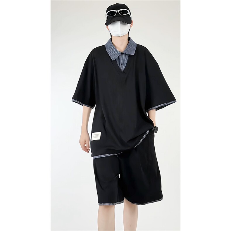 夏季宽松衬衫领假两件短袖T恤套装潮短裤XZ808B-WH071-特P55控98，男装牛仔裤，星座808B