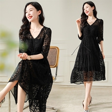 高端刺绣真丝连衣裙女春夏新款V领显瘦气质女神范大摆裙子，女装连衣裙，阿舍尔精品